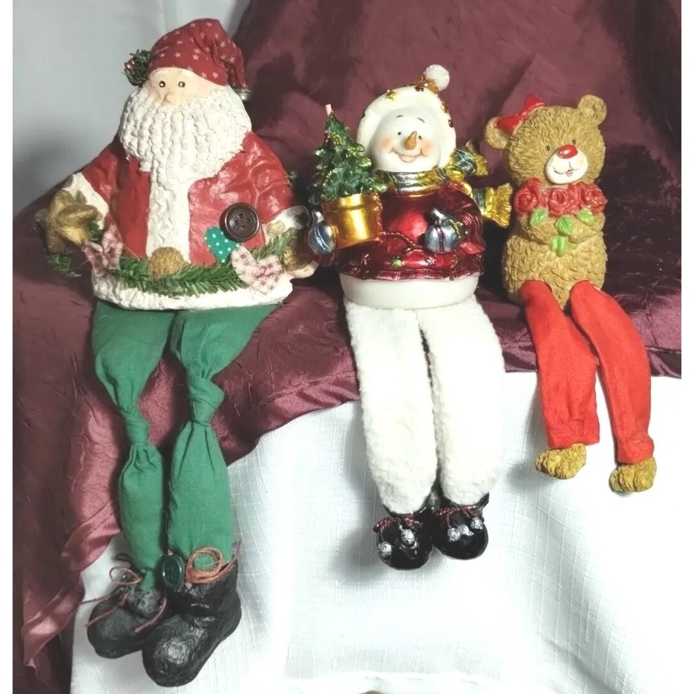 Christmas Shelf Sitters Paper Mache Santa & Resin Teddy Bear & Snowman